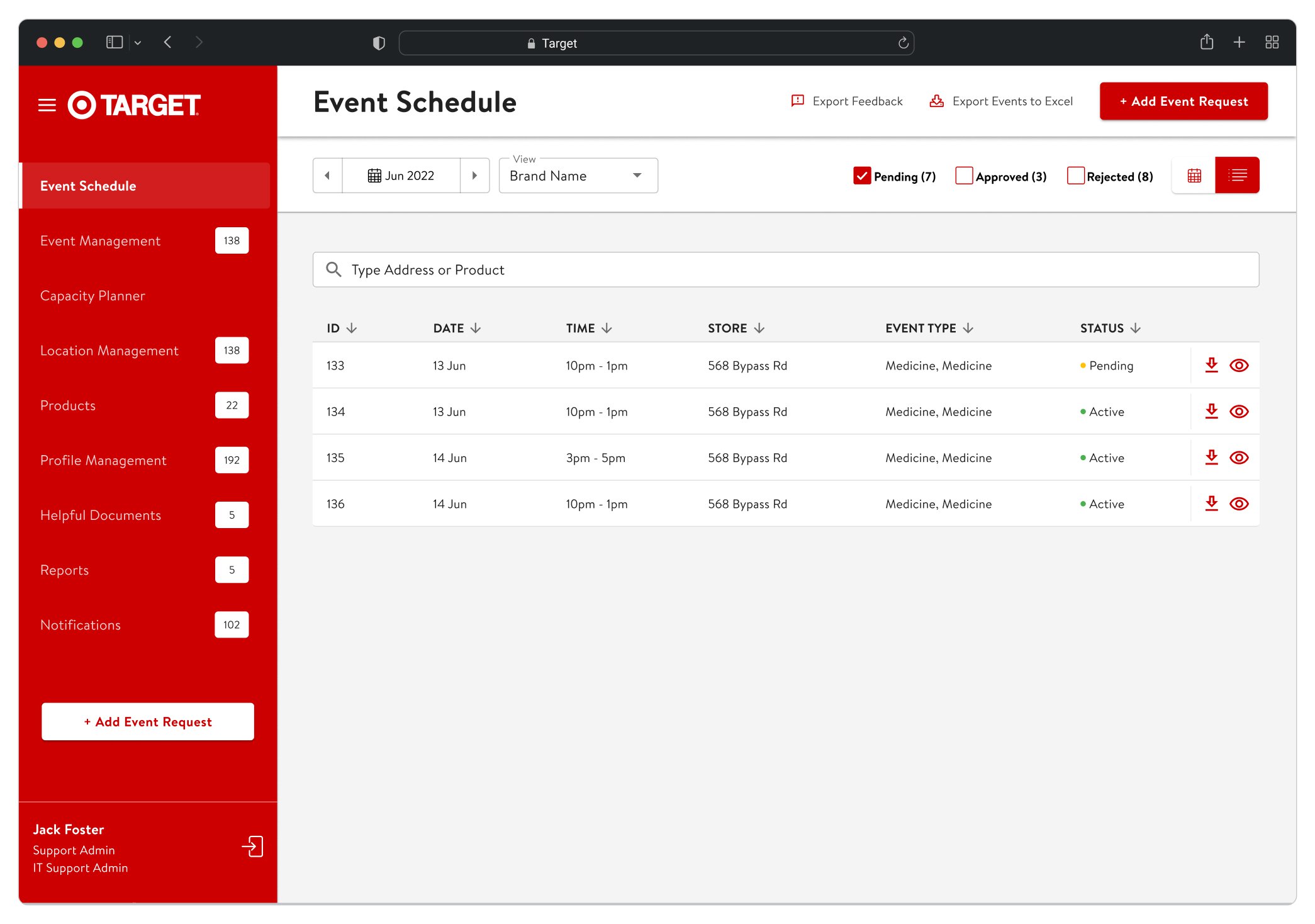 Event Schedule with callouts on the filter controls and the event status column