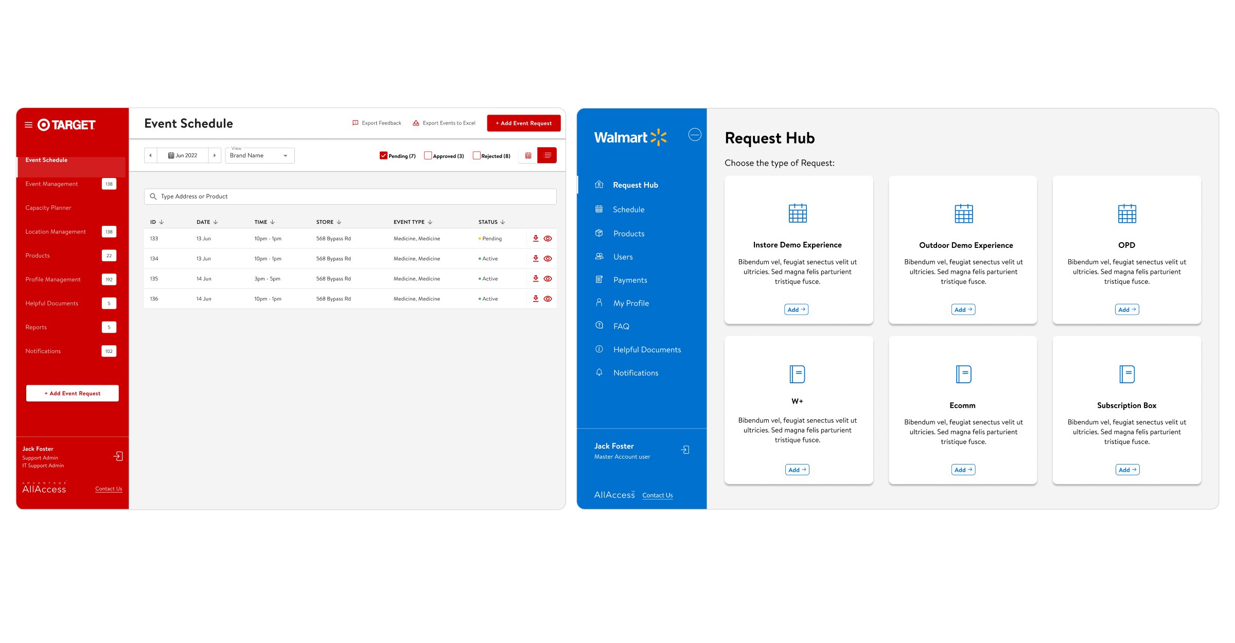 The same platform configured for two retail brands beside the Request Hub