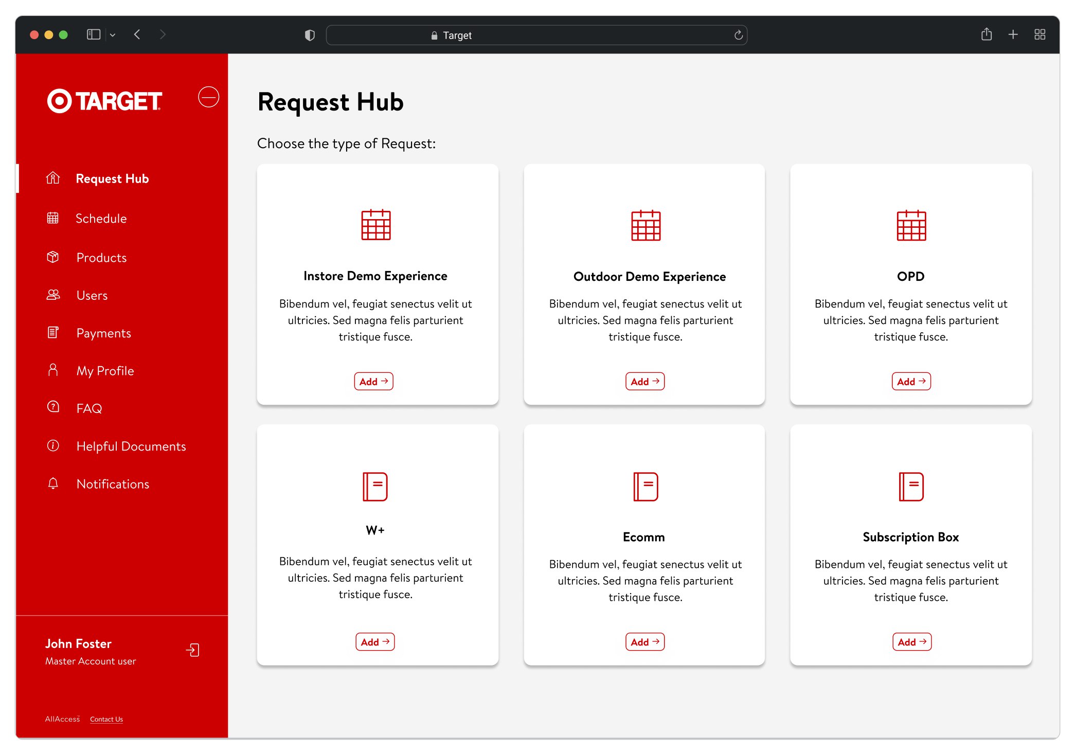 Request Hub presenting the available request types as selectable cards