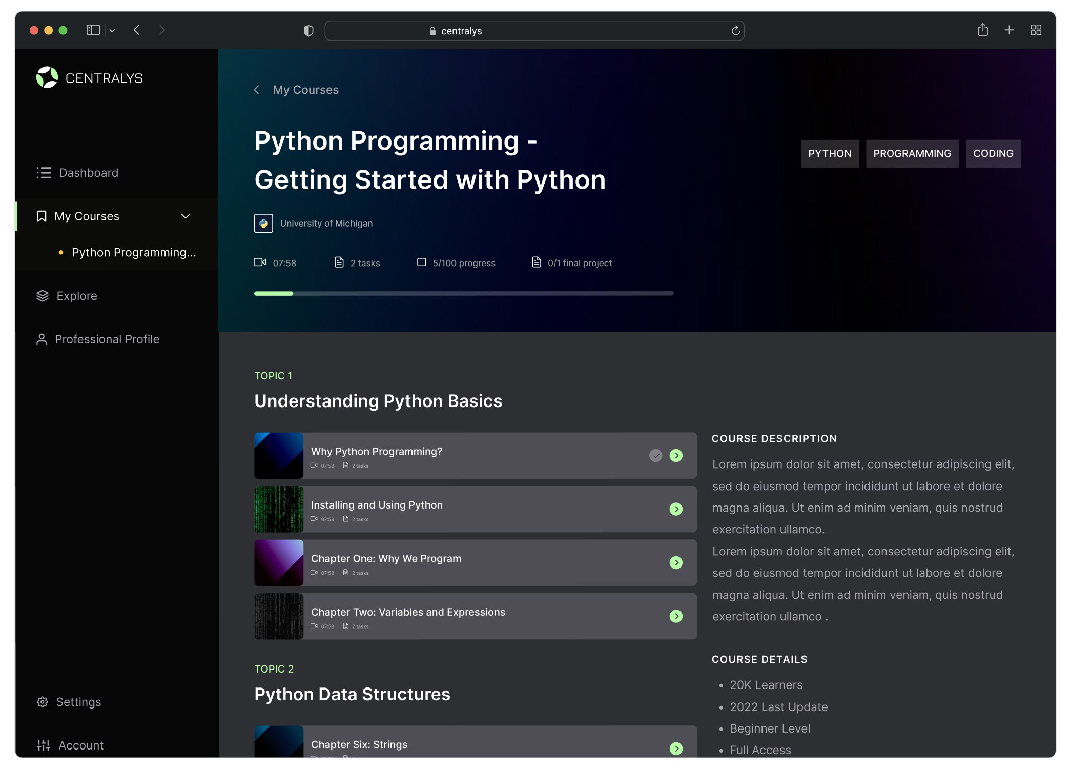 Python Programming course page showing topics, lessons and progress