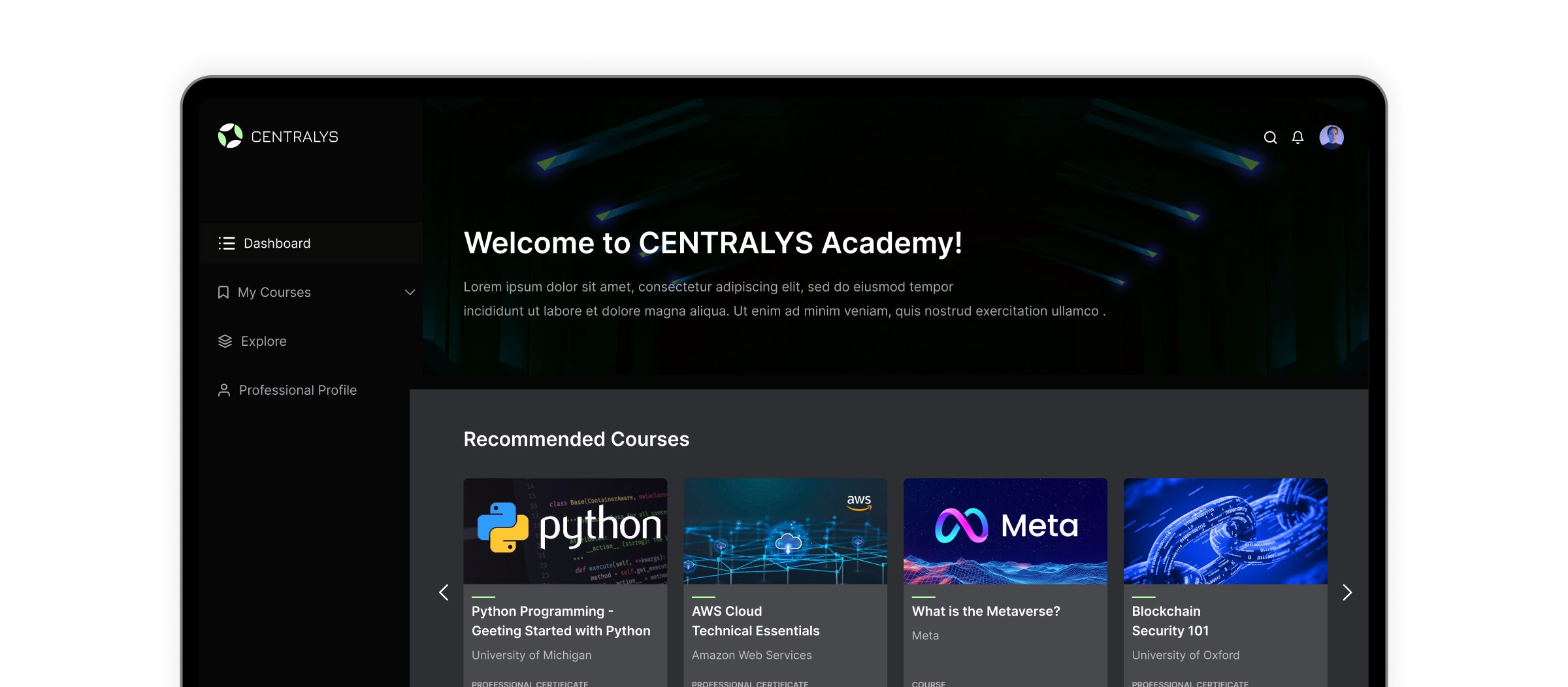 Centralys learner dashboard welcoming the user and listing recommended courses