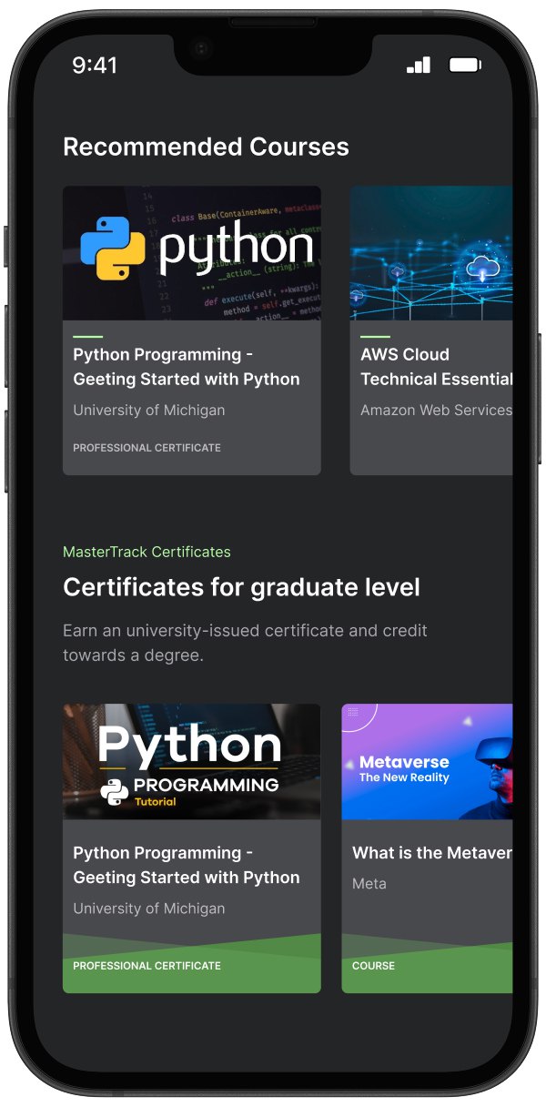 Centralys on mobile showing recommended courses and certificate content