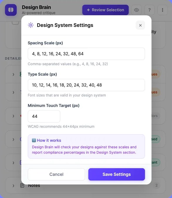 Design system settings for spacing scale, type scale and minimum touch target