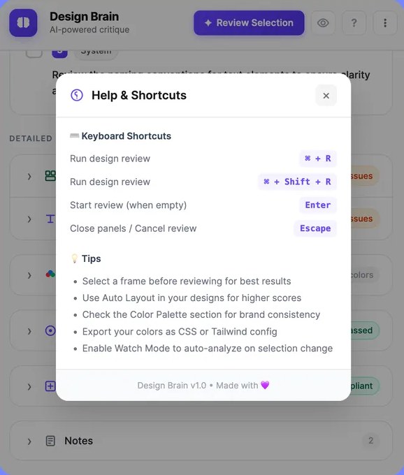 Help and shortcuts panel listing keyboard shortcuts and usage tips