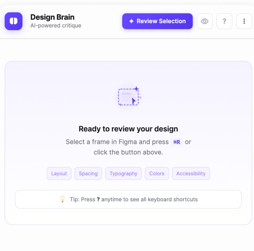 Plugin empty state prompting the designer to select a frame and run a review