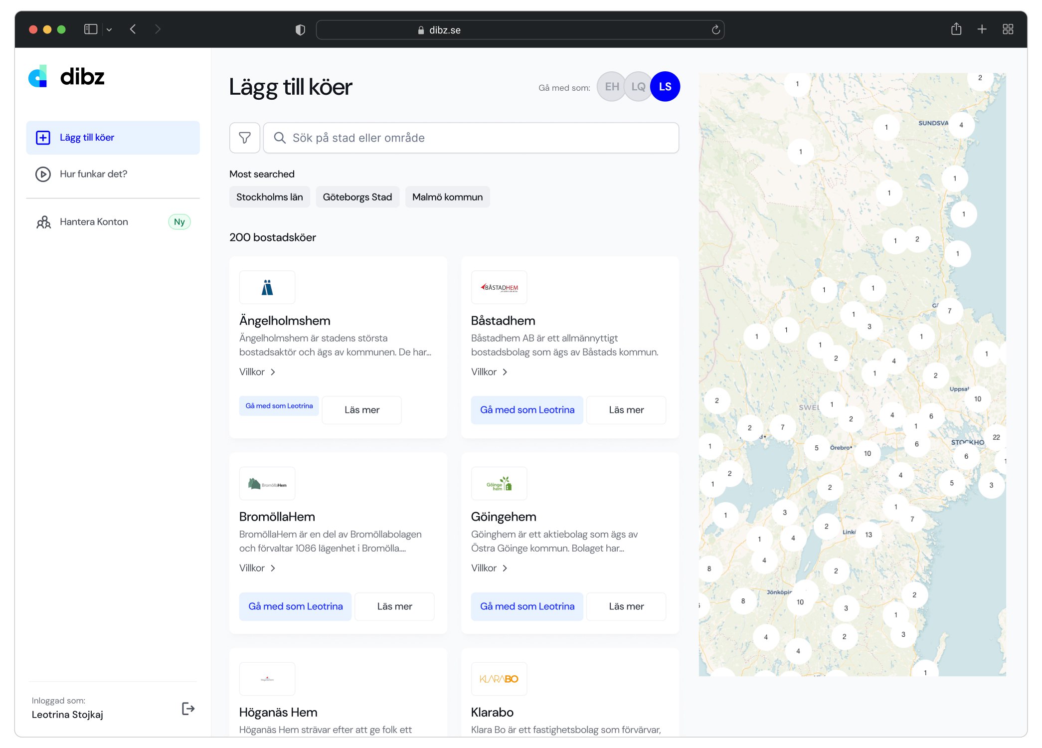 Add queues screen combining searchable housing provider cards with a map of Sweden