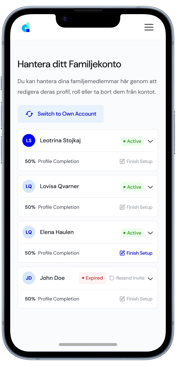 Mobile family account screen showing members with active, expired and setup states