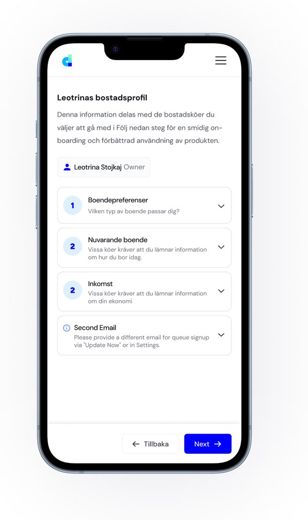 Mobile housing profile setup divided into preferences, current housing and income sections
