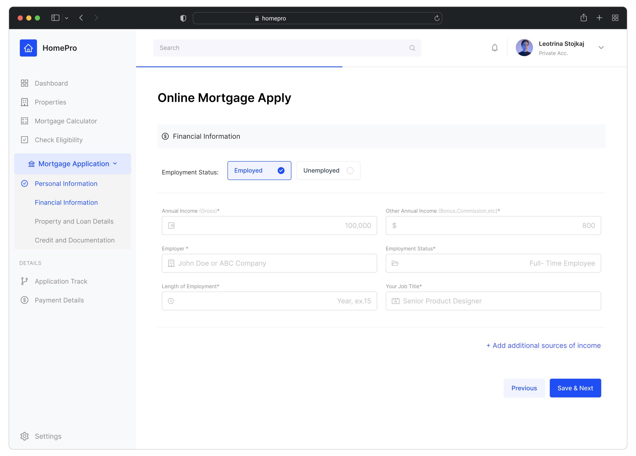 Financial information step showing employment status and income fields