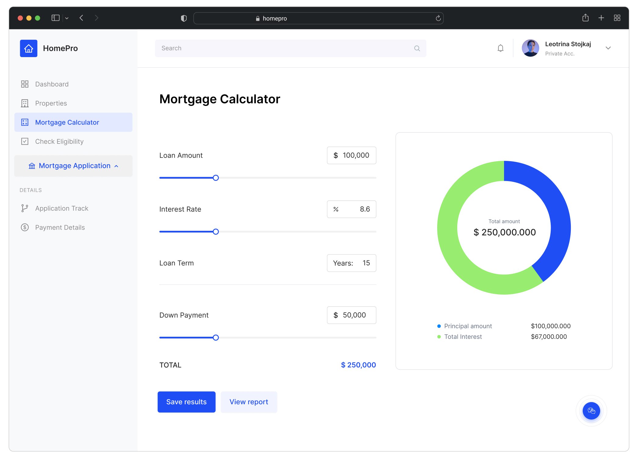 Mortgage calculator with loan inputs and a principal versus interest breakdown
