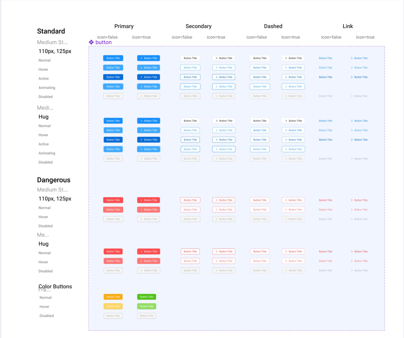 Radix design system component sheet showing button and input variants across states