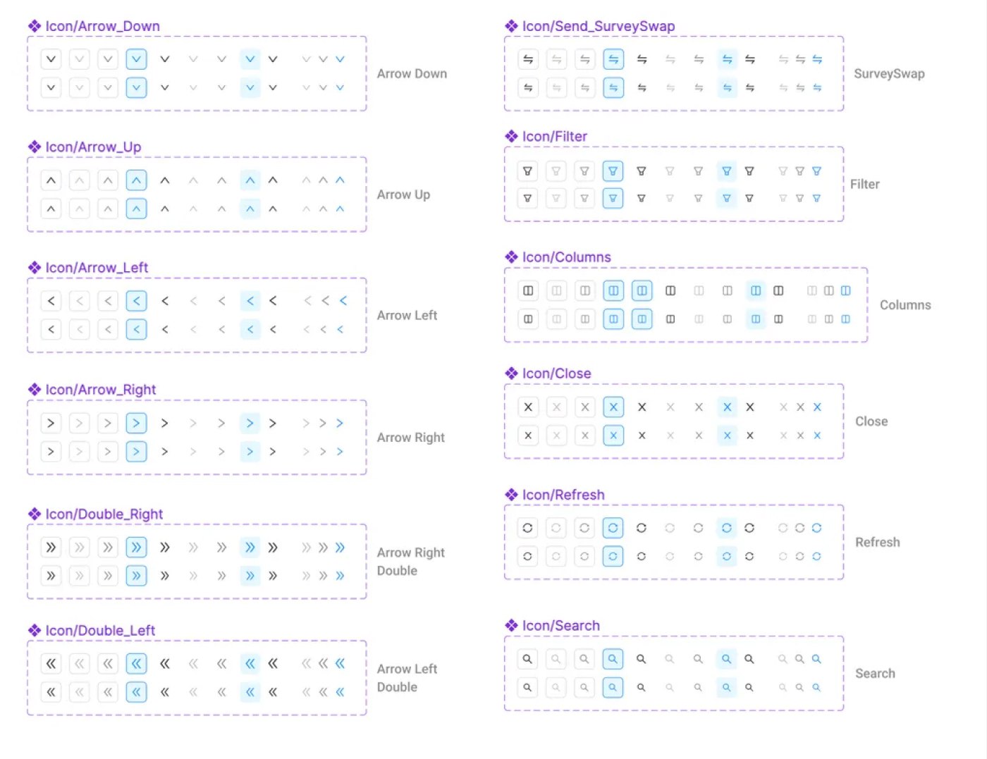 Radix design system icon library organized by name and state
