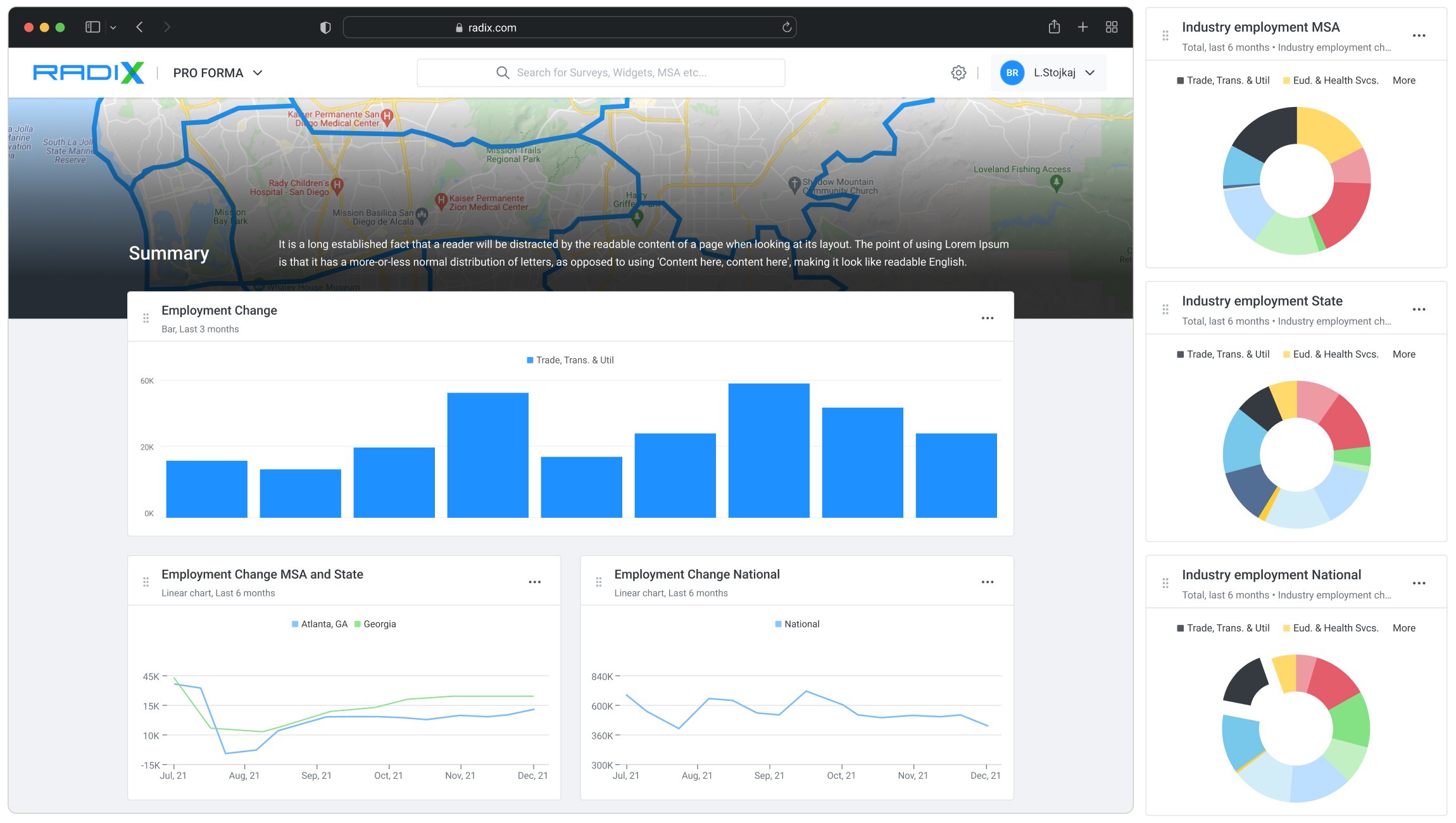 ProForma summary view combining a market map, employment charts and industry breakdowns