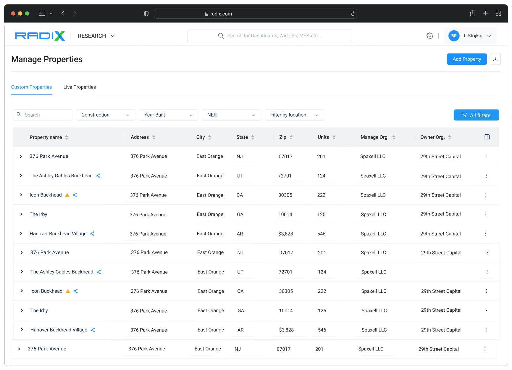ProForma property table listing addresses, units and managing organizations alongside analytics