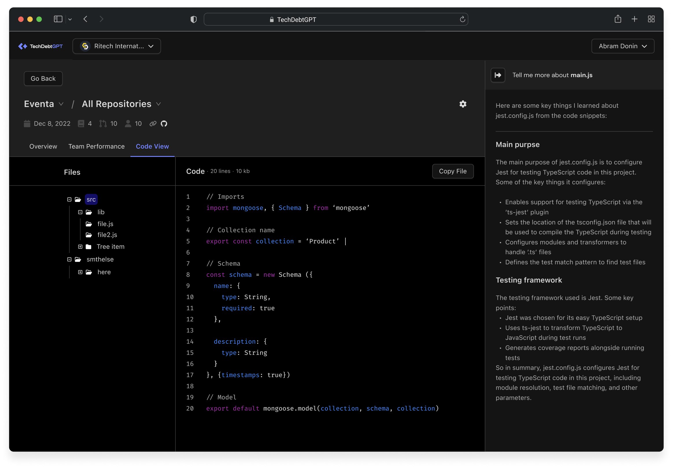 Code view with an AI explanation panel describing what the file does and why it matters