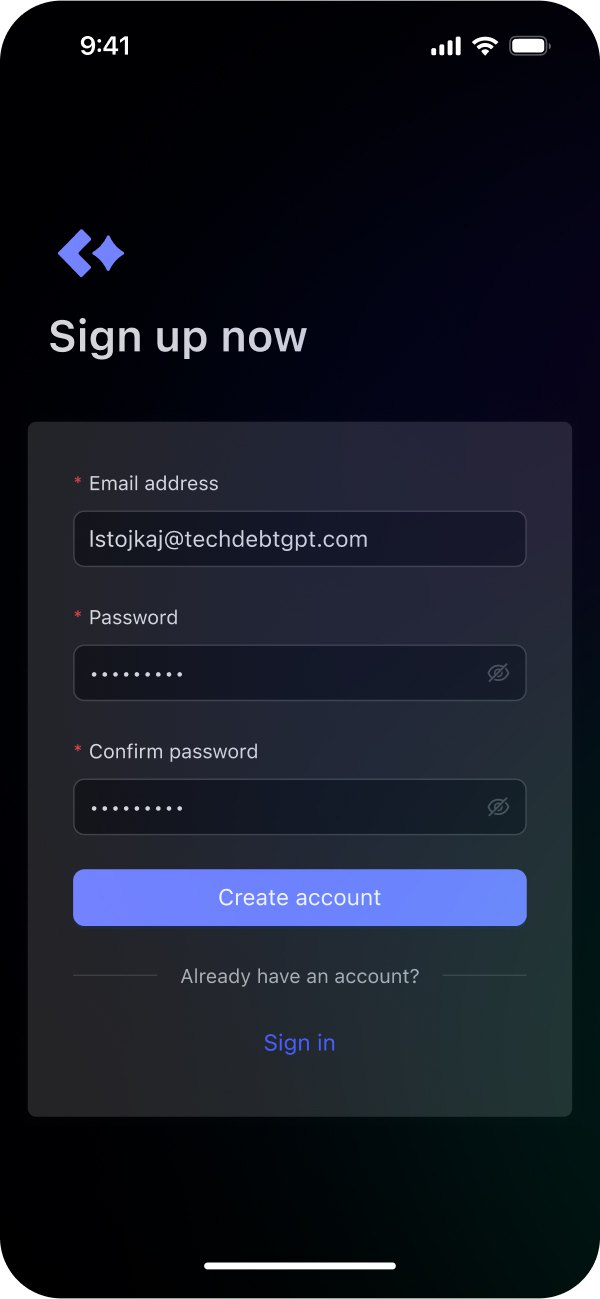 Mobile sign-up screen for creating a TechDebtGPT account