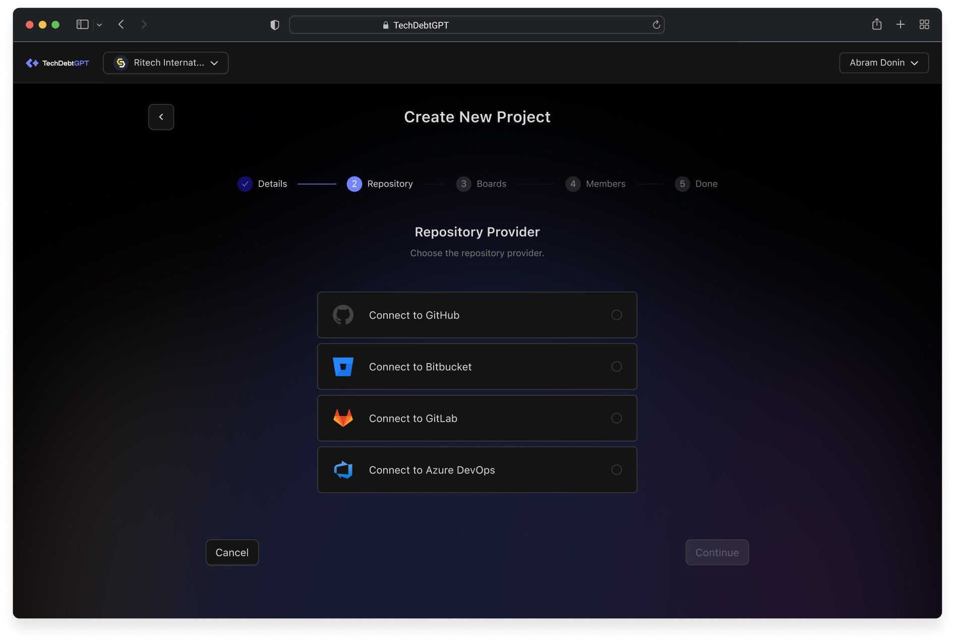 Create New Project flow on the repository step, offering GitHub, Bitbucket, GitLab and Azure DevOps